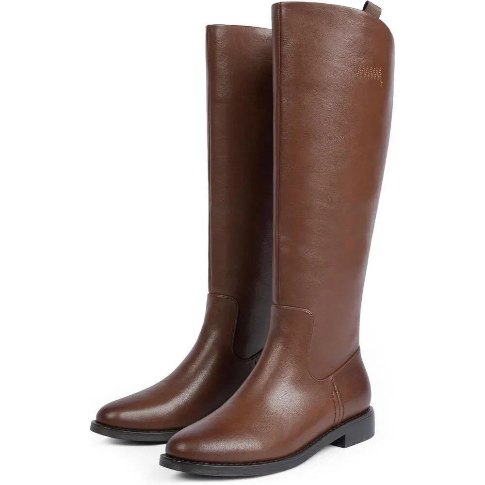 Women's A-brown Rounded Toe Flat Low Chunky Zip Heel Knee High Boots